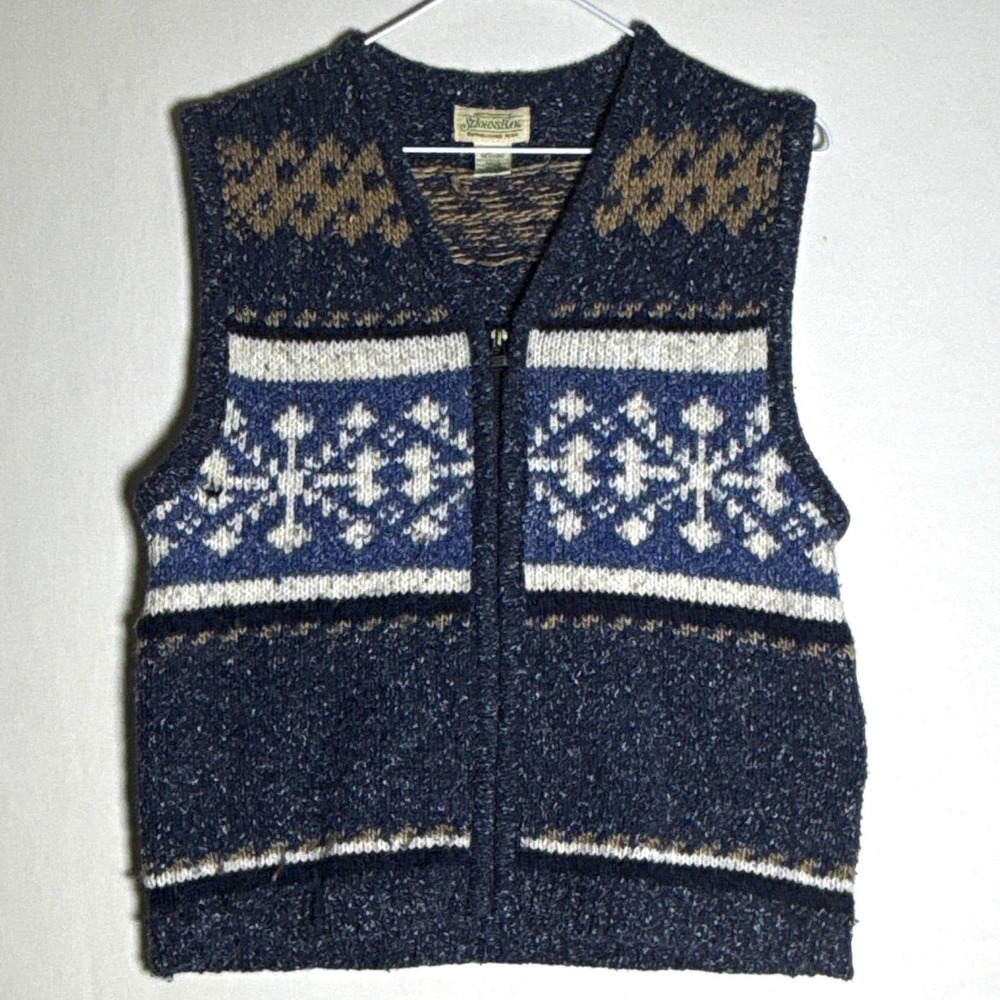 Vintage St Johns Bay Fair Isle Full Zip Sweater Vest Mens Medium Blue White Nord